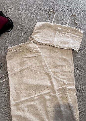 Bej Kadın Keten Bol Kesim Midi Pantolon - Görsel 2