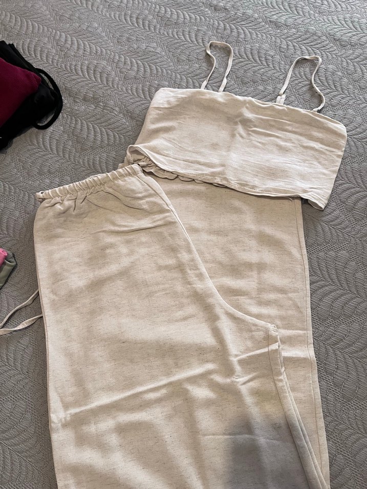 Bej Kadın Keten Bol Kesim Midi Pantolon - Görsel 2