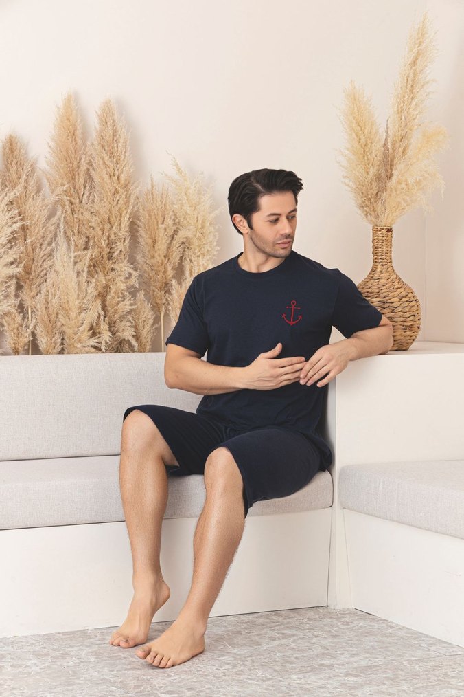 Lacivert Erkek Kısa Kollu Şortlu Pijama Takımı - Görsel 2