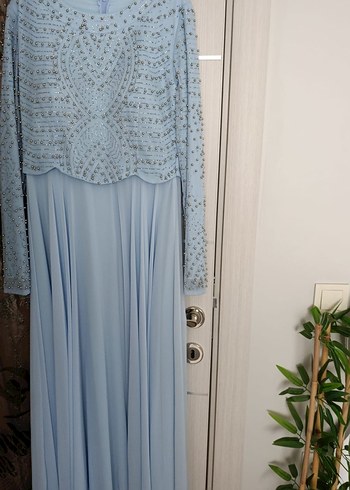 Uzun Kollu Drapeli bebe mavisi  Abiye Elbise - Görsel 2