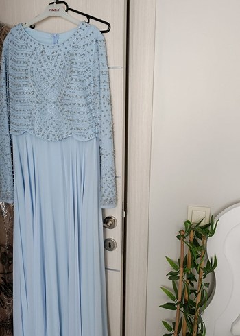 Uzun Kollu Drapeli bebe mavisi  Abiye Elbise - Görsel 3