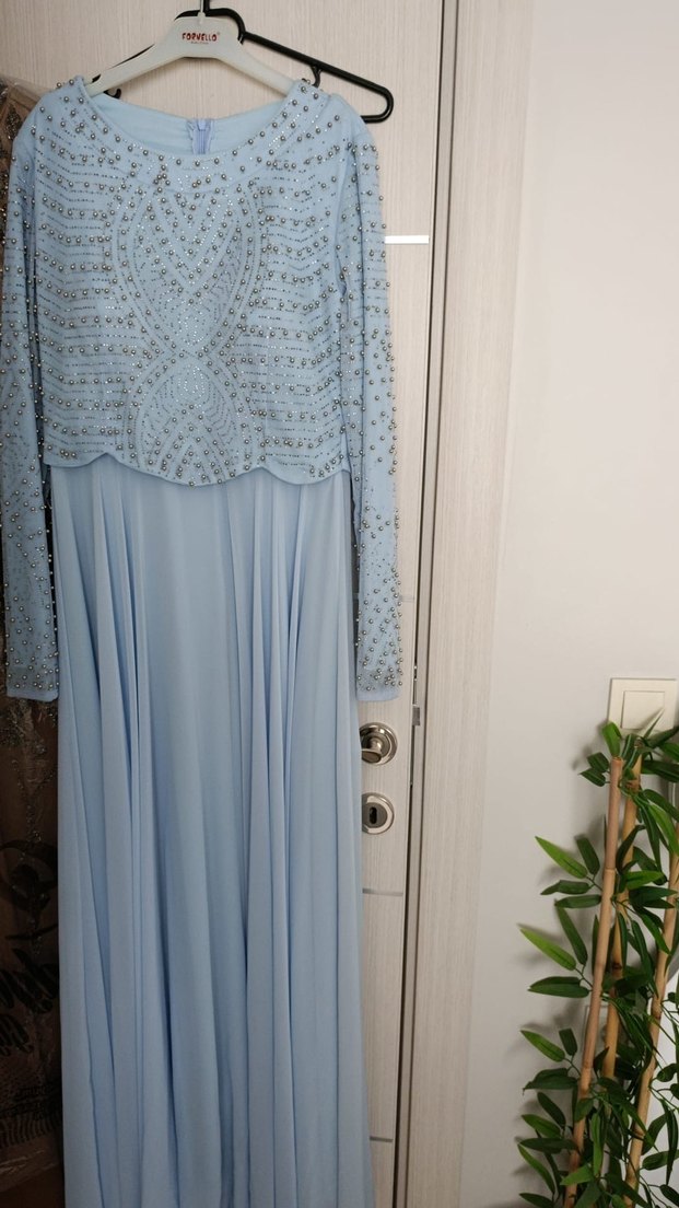 Uzun Kollu Drapeli bebe mavisi  Abiye Elbise - Görsel 2