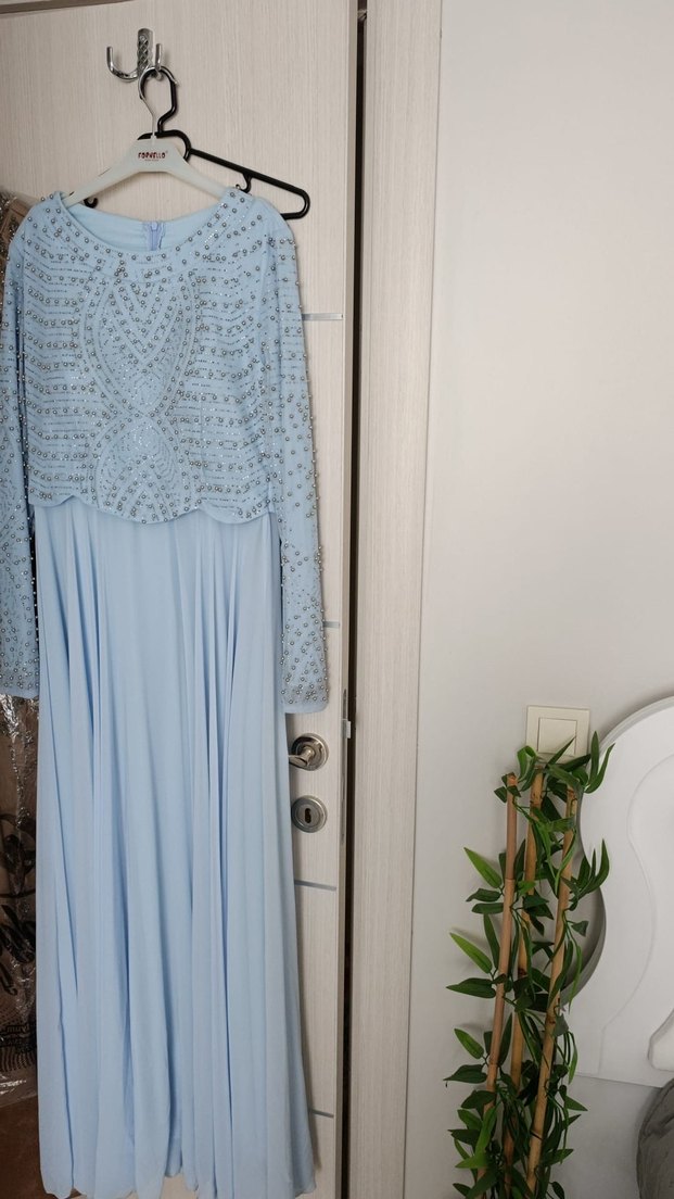 Uzun Kollu Drapeli bebe mavisi  Abiye Elbise - Görsel 3