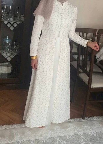 Nakışlı Beyaz Uzun Keten Elbise - Görsel 3