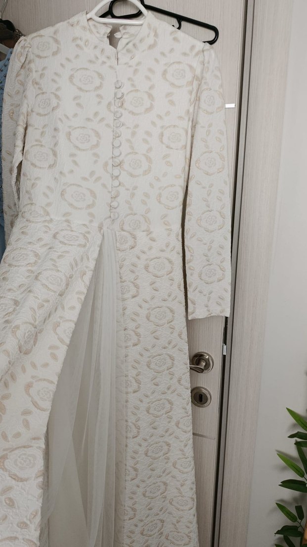Nakışlı Beyaz Uzun Keten Elbise - Görsel 2