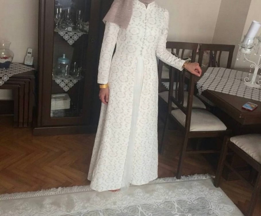 Nakışlı Beyaz Uzun Keten Elbise - Görsel 3