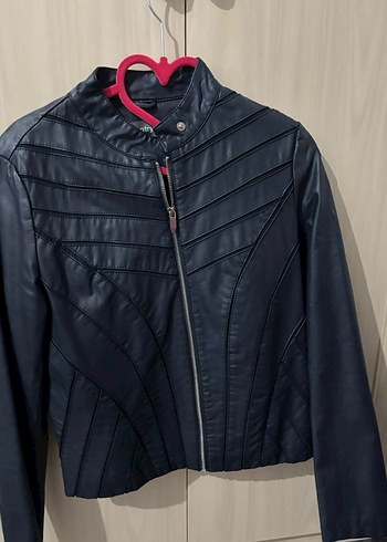 Düğmeli Siyah Deri Biker Kadın Ceket - Görsel 3