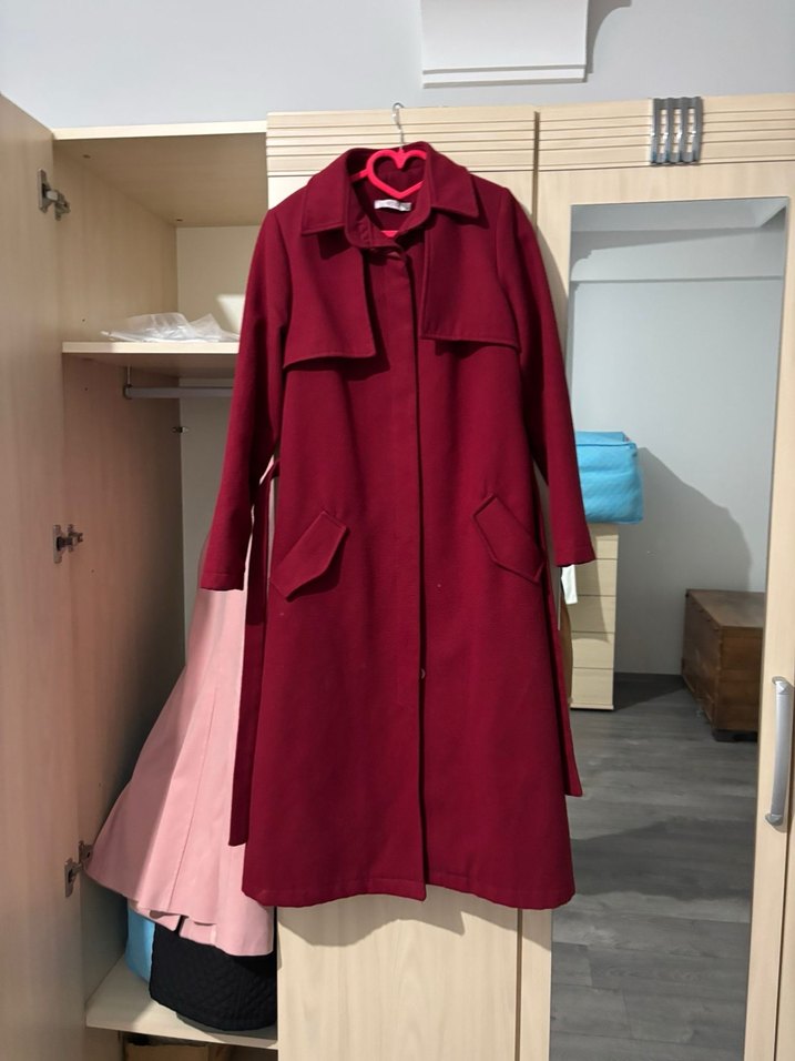 Bordo Düğmeli Uzun Kadın Kaban - Görsel 4