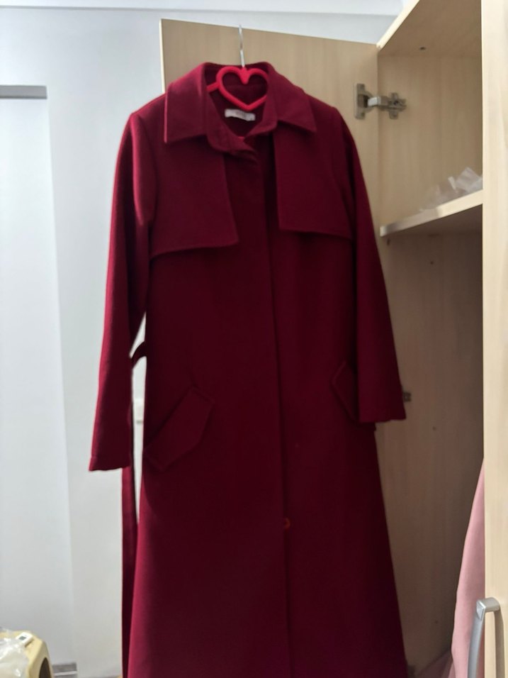 Bordo Düğmeli Uzun Kadın Kaban - Görsel 3