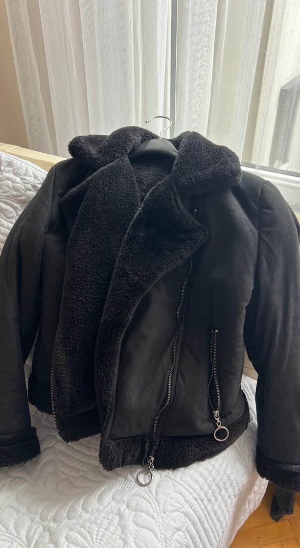 Kürk Detaylı Gri Biker Mont - Görsel 3