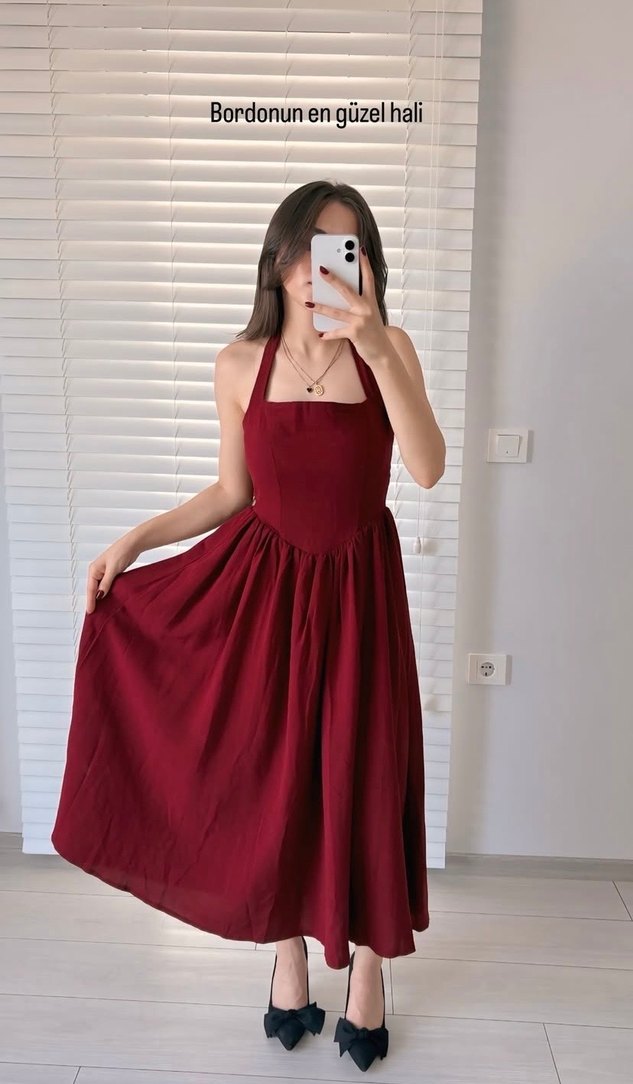 Bordo Uzun Keten Bohem Elbise - Görsel 3