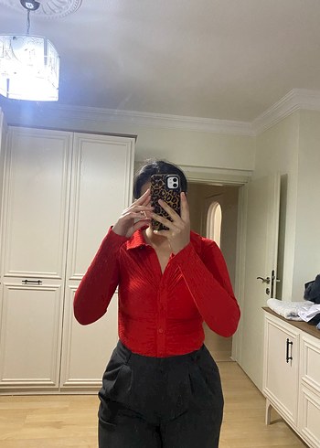 Uzun Kollu Kırmızı Kadın Bluz - Görsel 2