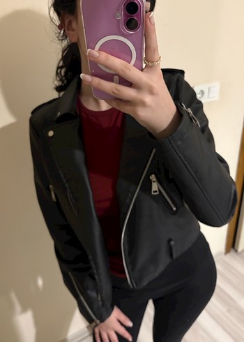 Siyah Fermuarlı Kadın Deri Biker Ceket - Görsel 4