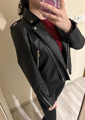 Siyah Fermuarlı Kadın Deri Biker Ceket - Görsel 2