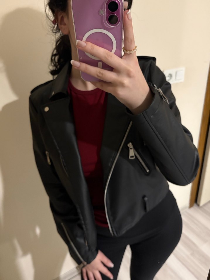 Siyah Fermuarlı Kadın Deri Biker Ceket - Görsel 4