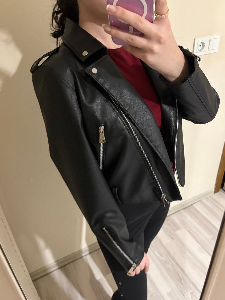 Siyah Fermuarlı Kadın Deri Biker Ceket - Görsel 2
