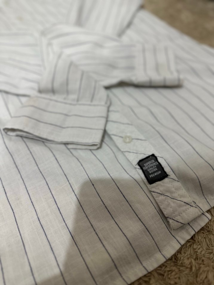 Erkek Beyaz İnce Çizgili Uzun Kollu Gömlek - Görsel 3
