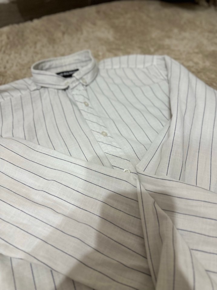 Erkek Beyaz İnce Çizgili Uzun Kollu Gömlek - Görsel 5