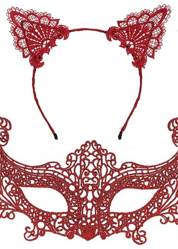 Kırmızı Dantel Maske ve Kedi Kulaklı Taç - Görsel 2