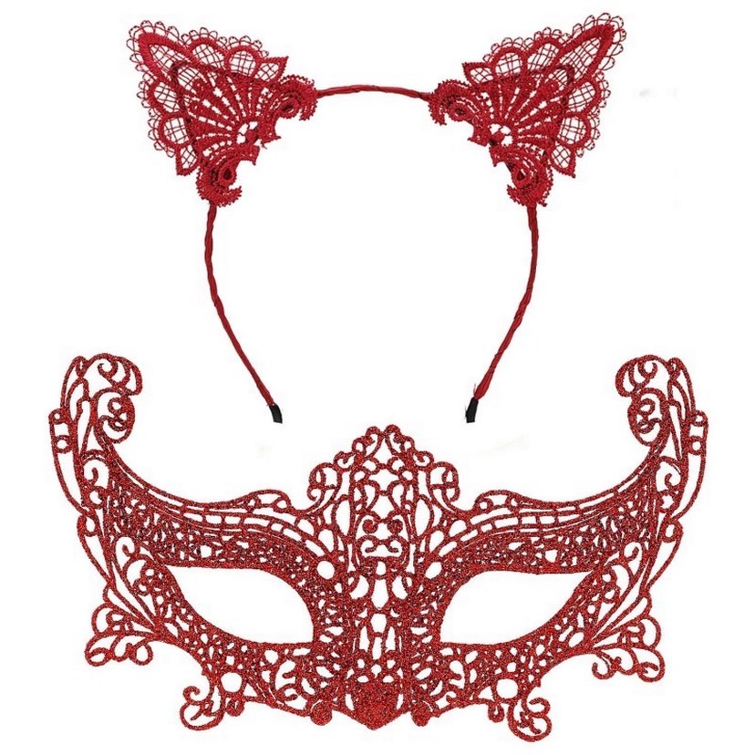 Kırmızı Dantel Maske ve Kedi Kulaklı Taç - Görsel 2