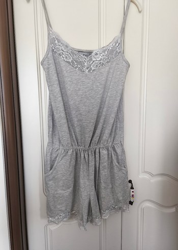 universal Beden Gri Dantelli Kolsuz Mini Kadın Pijama Takımı homewear