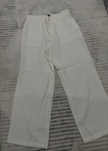 Beyaz Rahat Kesim Keten Kadın Pantolon - Görsel 2