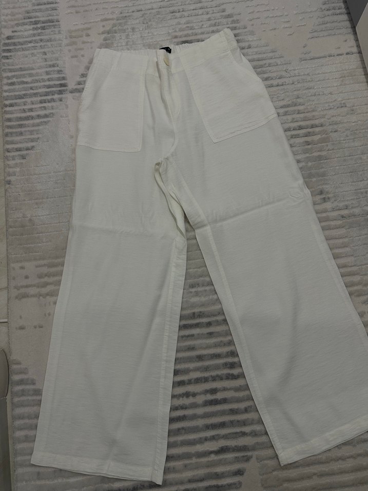 Beyaz Rahat Kesim Keten Kadın Pantolon - Görsel 2