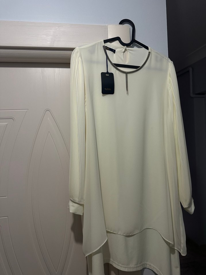 Beyaz Midi Uzun Kollu Salaş Tunik - Görsel 3