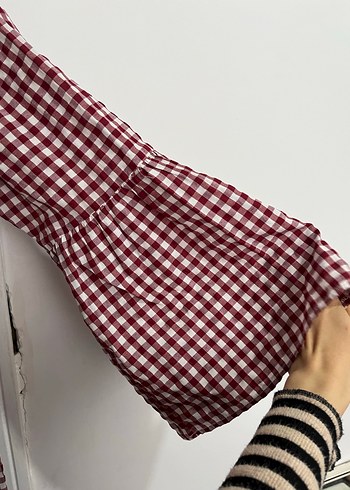 Düğmeli Bordo Kareli Hamile Bluzu - Görsel 2