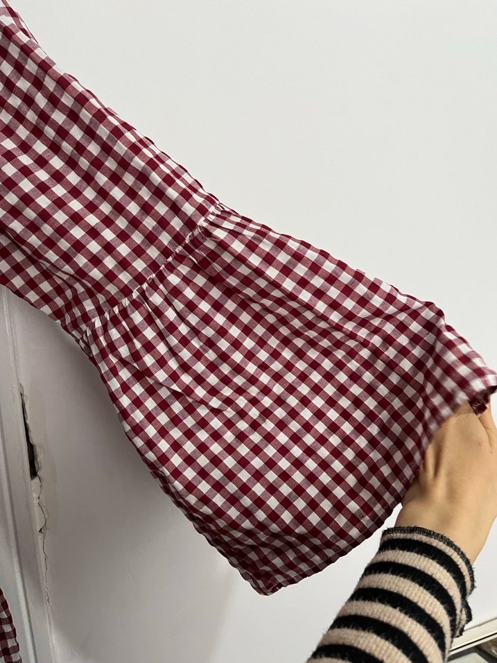 Düğmeli Bordo Kareli Hamile Bluzu - Görsel 2