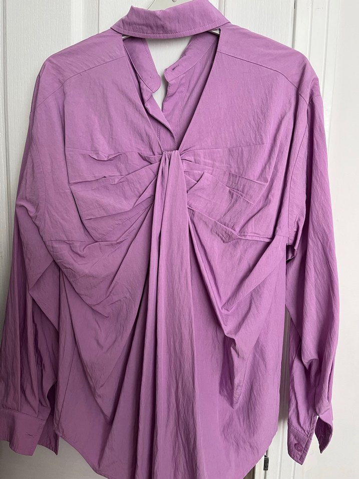 Mor Düğmeli Keten Kadın Gömlek - Görsel 3
