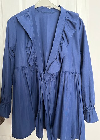 Mavi Keten Hamile Bluzu, Uzun Kollu, Volanlı - Görsel 2