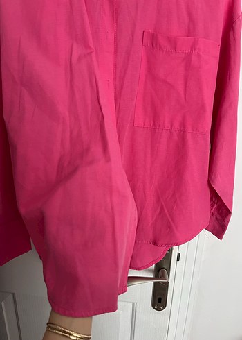 Düğmeli Pembe Keten Kadın Gömlek - Görsel 3