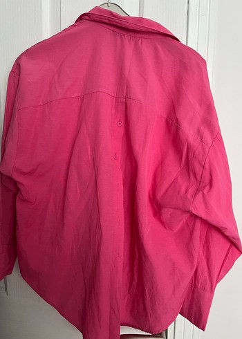 Düğmeli Pembe Keten Kadın Gömlek - Görsel 2