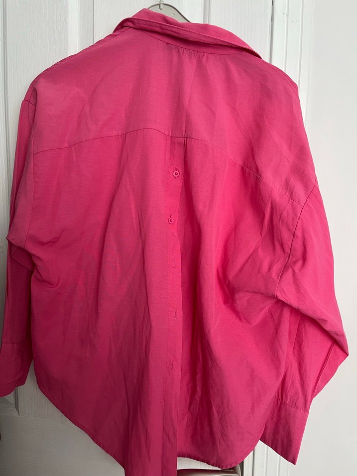 Düğmeli Pembe Keten Kadın Gömlek - Görsel 2