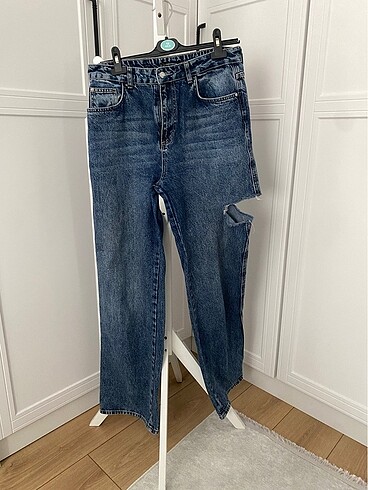 Koyu Mavi Yırtıklı Yüksek Bel Wide Leg Jeans