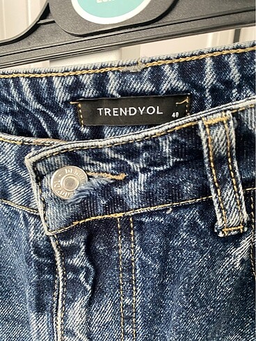 40 Beden Koyu Mavi Yırtıklı Yüksek Bel Wide Leg Jeans