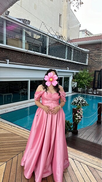 Pembe uzun balo davet elbise