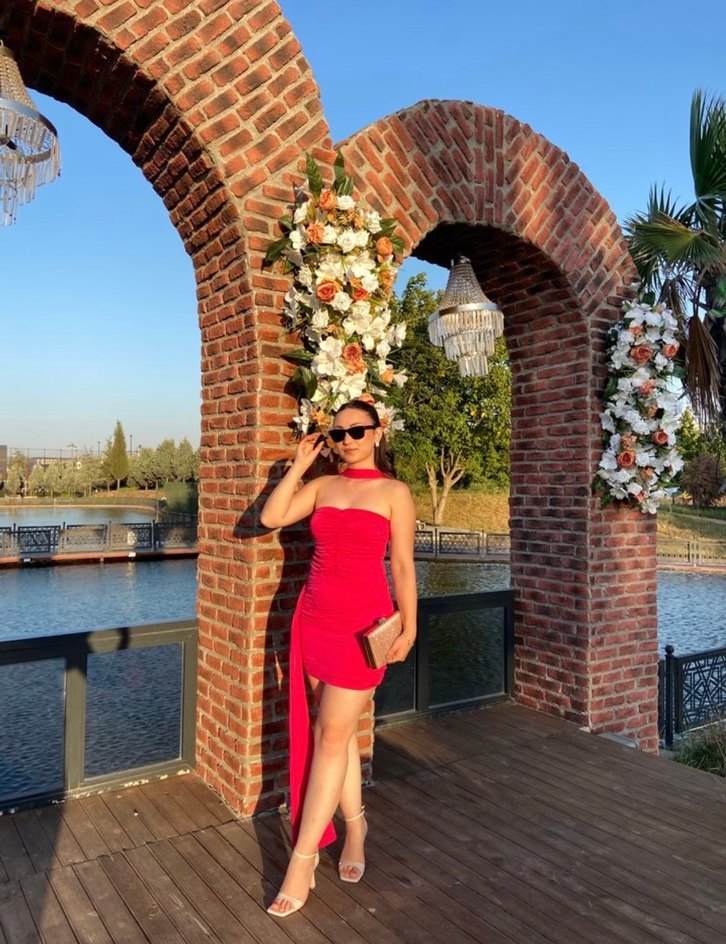 Pembe  Drapeli Straplez Mini Abiye Elbise - Görsel 2