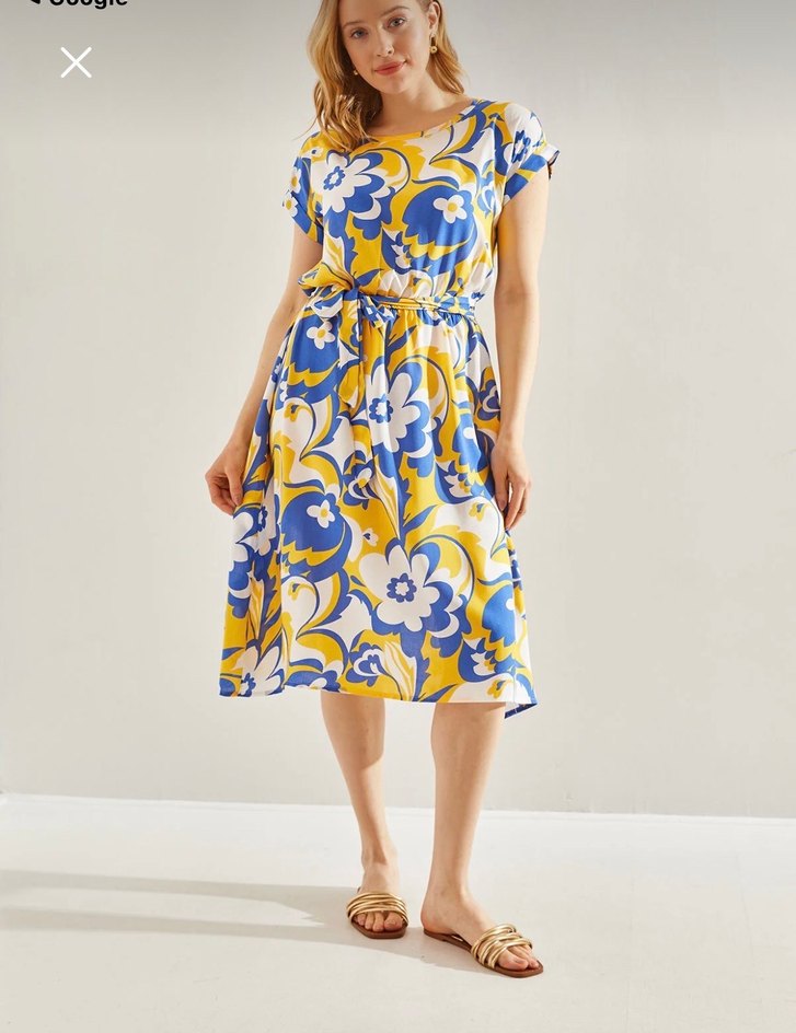 Xl beden Renkli Bağcıklı Midi Bohem Elbise - Görsel 3