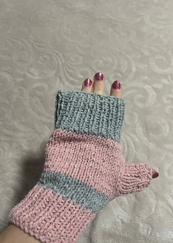 Pembe Gri Örgü Parmaksız Eldiven - Görsel 6