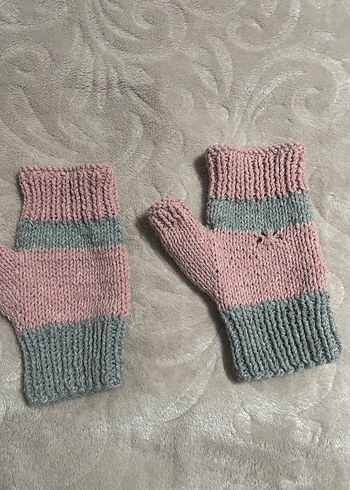 Pembe Gri Örgü Parmaksız Eldiven - Görsel 2
