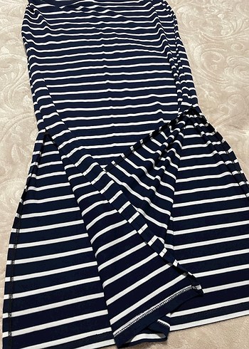 Yırtmaçlı Lacivert Çizgili Kadın Uzun Drapeli Etek - Görsel 2