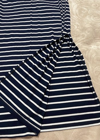 Yırtmaçlı Lacivert Çizgili Kadın Uzun Drapeli Etek - Görsel 3