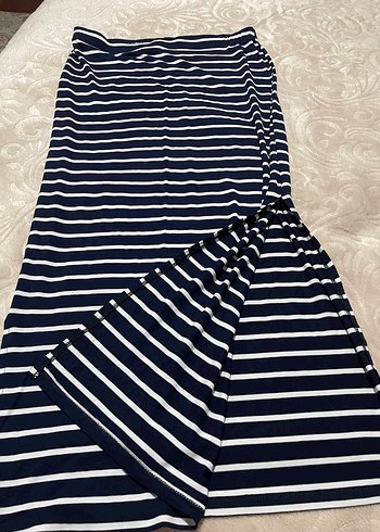 Yırtmaçlı Lacivert Çizgili Kadın Uzun Drapeli Etek - Görsel 4