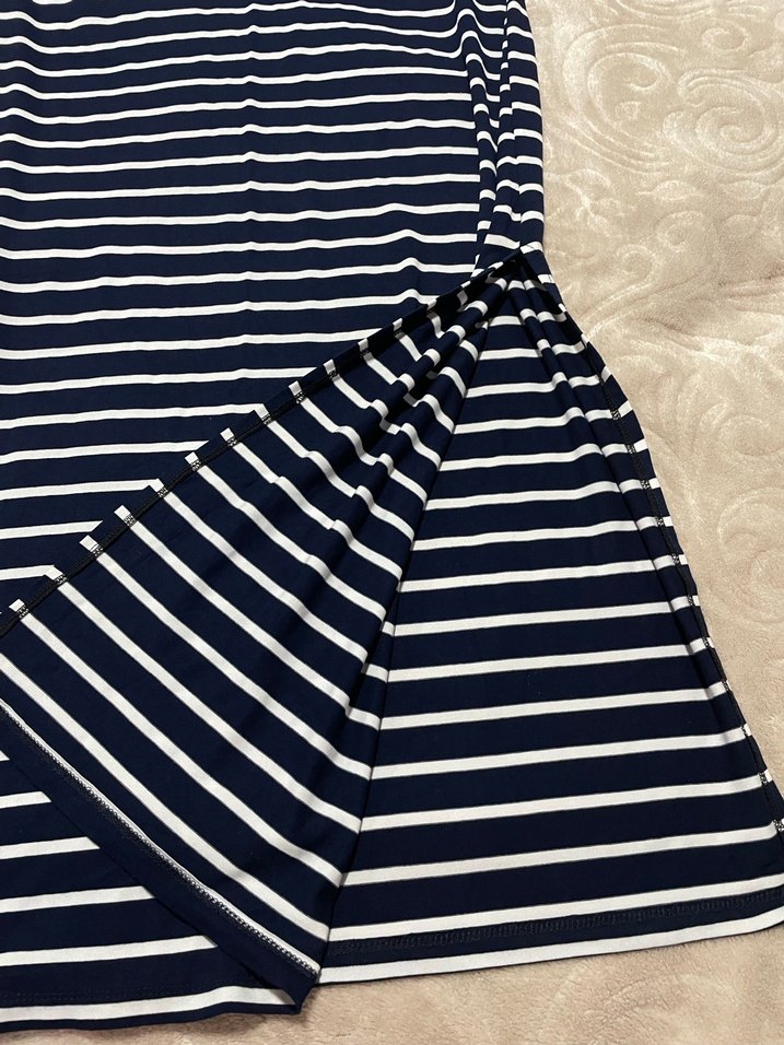 Yırtmaçlı Lacivert Çizgili Kadın Uzun Drapeli Etek - Görsel 3