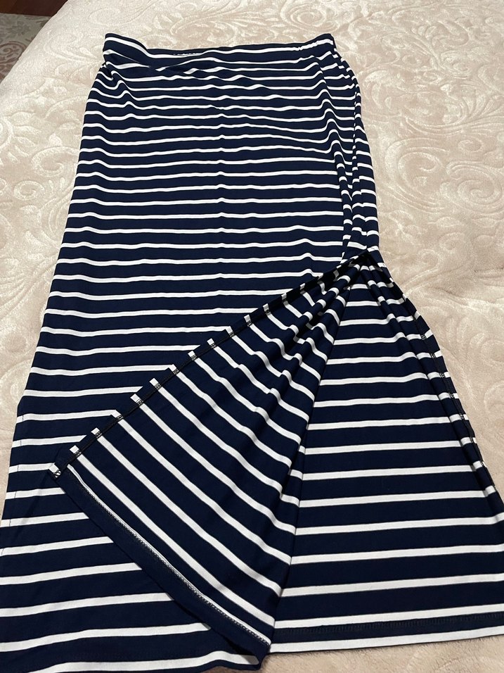 Yırtmaçlı Lacivert Çizgili Kadın Uzun Drapeli Etek - Görsel 4