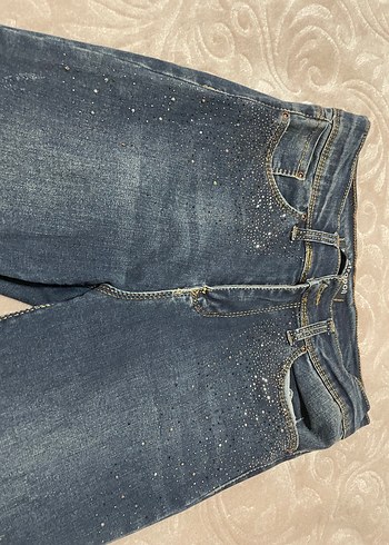 Taşlı Mavi Payetli Normal Kesim Denim Kadın Kot Pantolon - Görsel 4