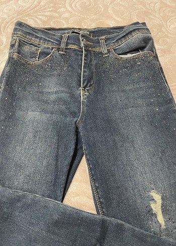 Taşlı Mavi Payetli Normal Kesim Denim Kadın Kot Pantolon - Görsel 3