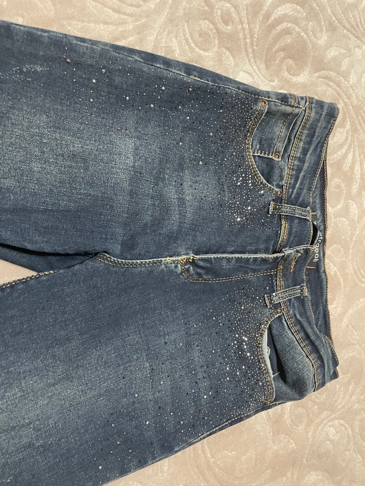 Taşlı Mavi Payetli Normal Kesim Denim Kadın Kot Pantolon - Görsel 4